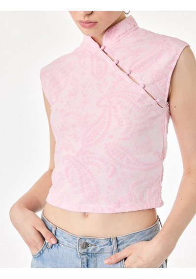 Koton Slim Fit Kolsuz Düğmeli Qipao Yaka Tül Bluz Pembe 7wal60017ık Gül
