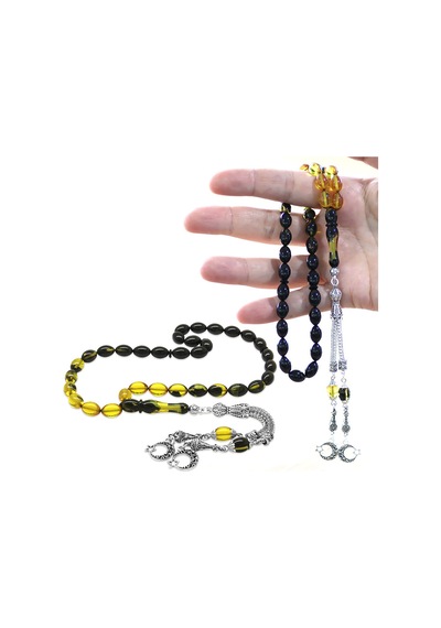 Tesbihname Ateş Kehribar Tesbih - Metal Püsküllü - Özel Hediye Kutulu - Arpa Kesim - Süzme Sarı Siyah Renk