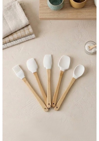 4'lü Silikon Ve Akasya Saplı Mutfak Gereçleri Seti-spatula,fırça Servis Maşa Seti Krem
