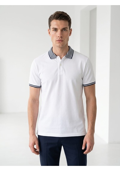 Giyim Dünyası Erkek Yaka Çizgili Polo Yaka Kısa Kol Tshirt Beyaz