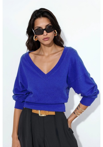 Hiccup Busem Kadın Kısa V Yaka Sweatshirt Kobalt Mavisi