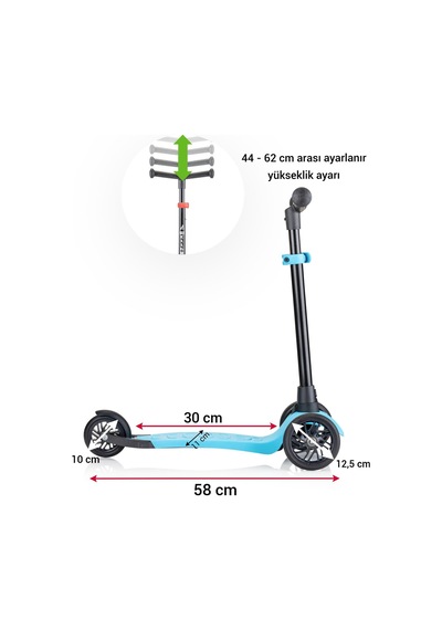 Wellgro Turbo 3 Tekerli Yükseklik Ayarlı Scooter, Mavi Mavi
