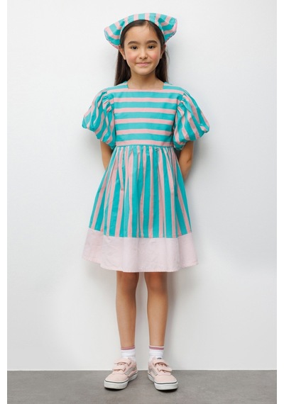Le Mabelle Mint Çizgili Kız Çocuk Poplin Elbise - Juno Mint