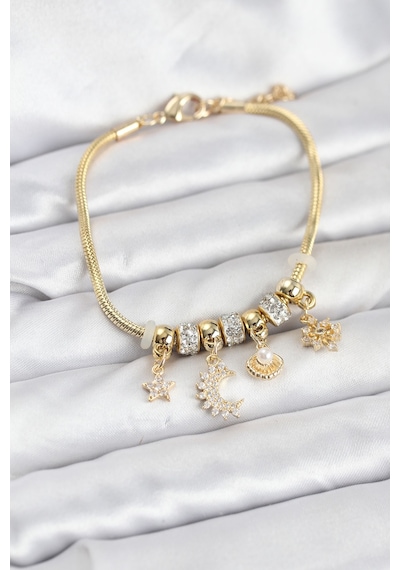 Pirinç Gold Renk Ay Charm Model Charmlı Kadın Bileklik Çok Renkli