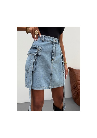 Kene Jeans Buz Kar Kapak Kuşaklı Körük Kargo Cepli Kısa Kot Etek Buz Kar