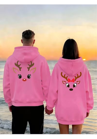 Nevermind Sevgili Çift Kombin Hoodie Geyik Baskılı Oversize Kapüşonlu Sweat Pembe