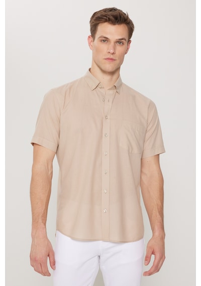 AC&Co / Altınyıldız Classics  Erkek Koyu Bej Comfort Fit Rahat Kesim Gizli Düğmeli Yaka %100 Pamuk Gömlek Koyu Bej