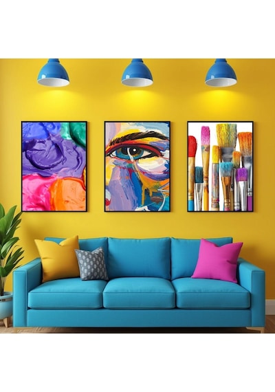 Besay Ressamın Gözünden Modern Salon Duvar Dekorasyonu Renkli Sanat Ve Fırça Posteri 3'lü Set A4 Çerçevesiz