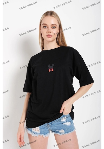Startmore Kadın Beyaz Sırt Baskılı Mickey Mouse Siyah