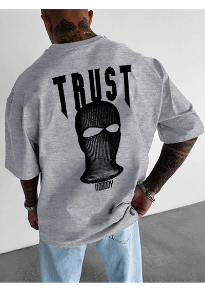 Trust Mast Süprem T-shirt - Gri Baskılı Oversize Bisiklet Yaka Kısa Kol Tişört Gri