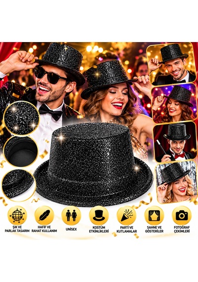 Bezos Siyah Simli Glitter Silindir Parti Şapkası Pytht Diğer