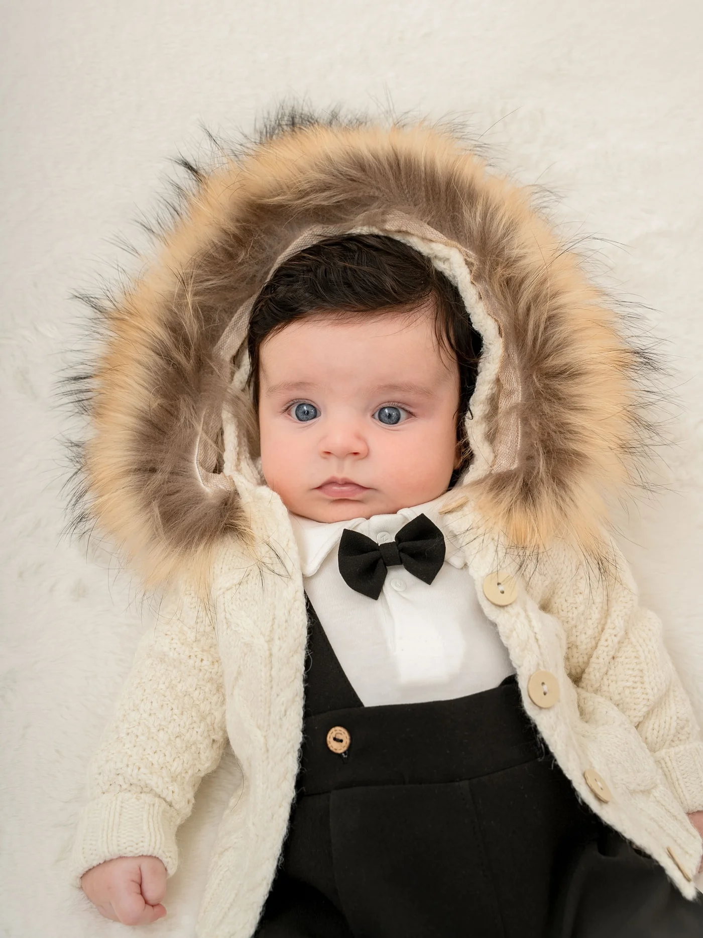 Momercy Chic Kürklü Papyonlu Erkek Bebek 3'lü Tulum Salopet Takım Siyah