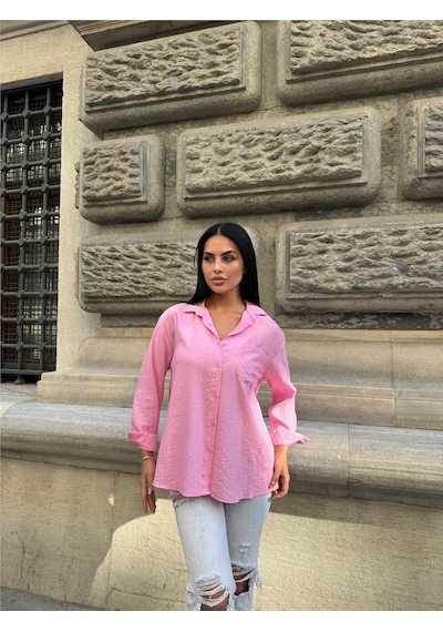 WeShaya Pembe Oversize Kırışık %100 Polyester Gömlek Pembe
