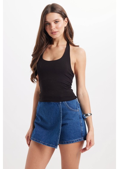 Tudors Kadın Slim Fit Pamuklu Boyundan Geçmeli Sırt Detaylı Likralı Siyah Bluz -50475