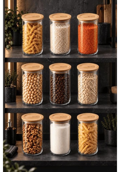 Bambum Duo 9'lu Bambu Kapaklı Cam Erzak Kavanozu Seti 1300 Ml - Vakumlu Kiler Bakliyat Ve Baharat Saklama Kabı Ahşap - Şeffaf