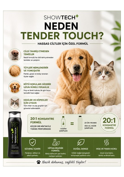 Showtech Tender Touch 20:1 Konsantre Köpek Ve Kediler İçin Hassas Ciltli Şampuan 300 Ml
