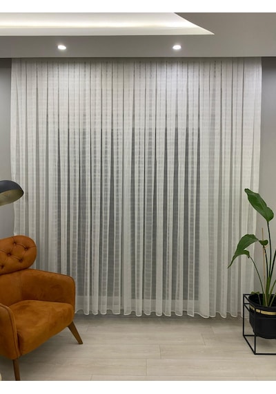 4002 Kendinden Desenli Modern Ekru Tül Perde 1/3 Sık Pileli Ekru