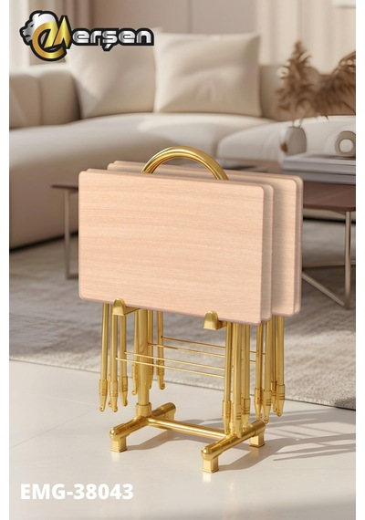 Eranş Serisi 4'lü Katlanır Mdf Mebran Ahşap Çanta Zigon Sehpa Gold Ayak Krem Ahşap Desen Gold Ayak