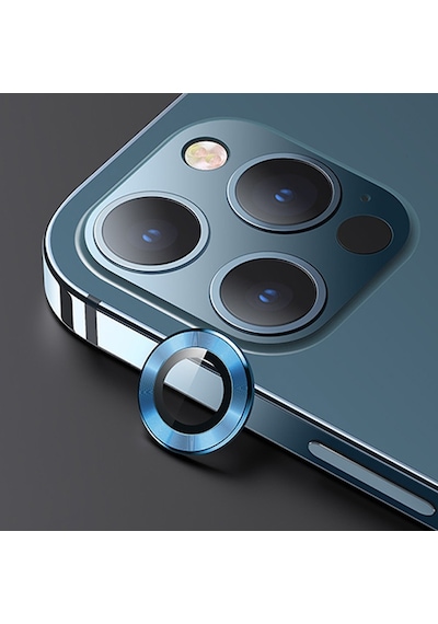Usams Apple Uyumlu iPhone 12 Pro 3D Metal Çerçeveli Kamera Lens Koruyucu Mavi