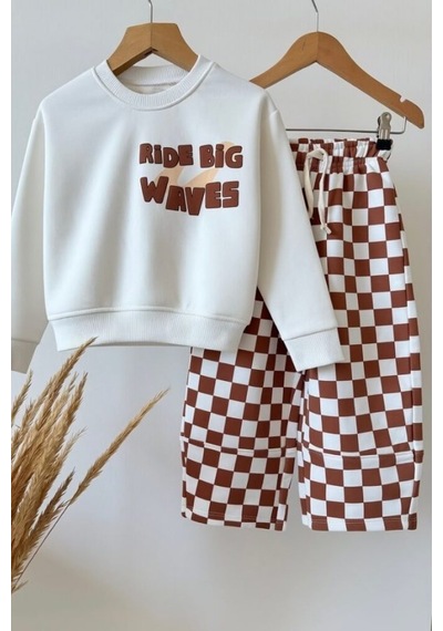 Lucco Erkek Çocuk Sweatshirt Ve Damalı Eşofman Takım Kahverengi