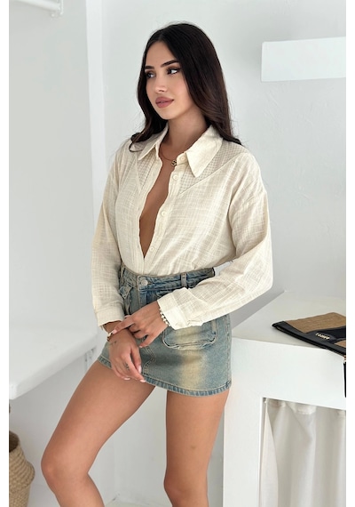 Asprin Fashion Pamuk Keten File Dantel Detaylı Gömlek Krem Krem