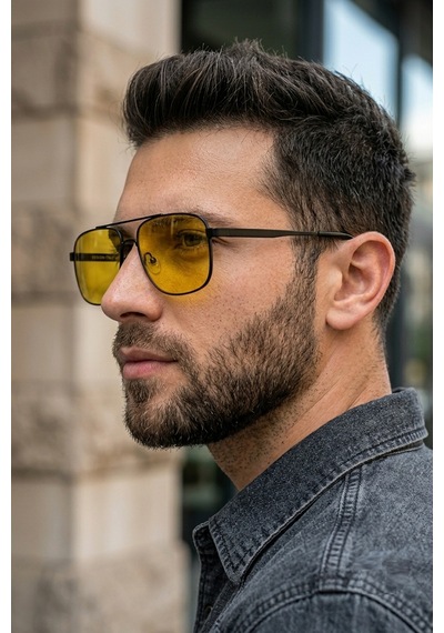 Di Caprio Dc3053ar Modern Square Antifar Polarize Camlı Erkek Güneş Gözlüğü Siyah - Sarı