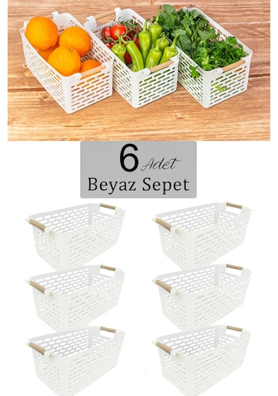 6 Adet Çok Amaçlı Tutacaklı Organizer Sepet - Dolap Içi Ve Buzdolabı Düzenleyici Sepet- Beyaz