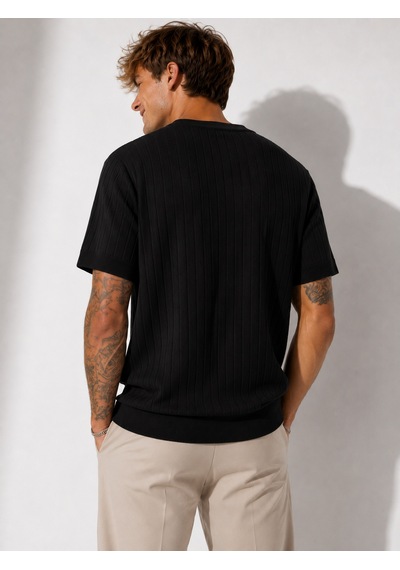 Ribana Erkek Kısa Kollu Fitilli Bisiklet Yaka Esnek T-shirt 26113 Siyah
