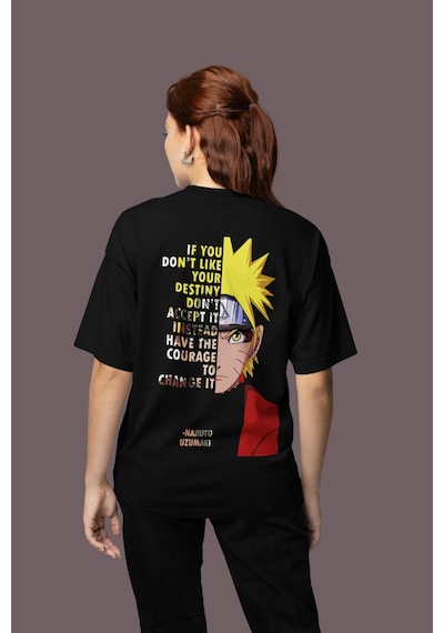 Naruto Uzumaki Sırt Baskılı Unisex Oversize Anime Karakter Tişört Siyah