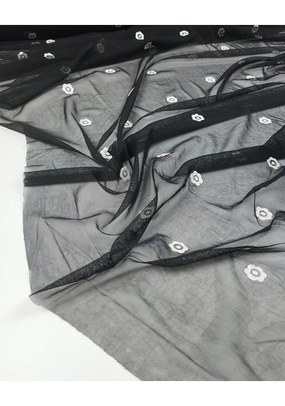 Siyah Üzeri Beyaz Çiçekli File Kumaş En: 90cm-10979 Siyah