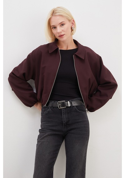 Fullamoda Fermuarlı Polo Yaka Bomber Ceket Mürdüm