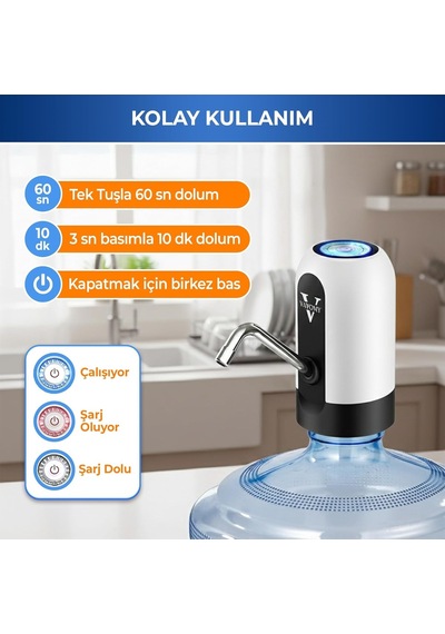 Vayomy 4 W Şarjlı Otomatik Damacana Su Pompası 1200 Mah Bataryalı, Bpa İçermez, Ce Belgeli Su Dispenseri Beya