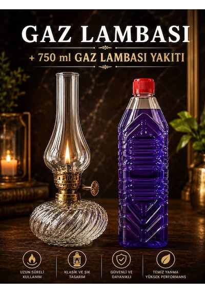 Cam Gaz Lambası 750 Ml Gaz Lambası Yakıtı Hediyeli Nostaljik Aydınlatma Şeffaf