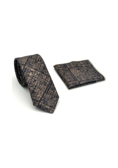 Gaffy Lacivert Bej Kırcıl Desenli Gri Dokuma Kumaş Mendilli Slim Fit Kravat // Sdk-2610-3 Gri