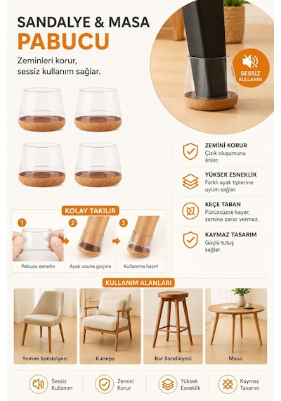 Yuvarlak Silikon Keçeli Sandalye Ve Masa Ayağı Pabucu 4'lü Set Medium " 3,8-4,1 Cm " Altın