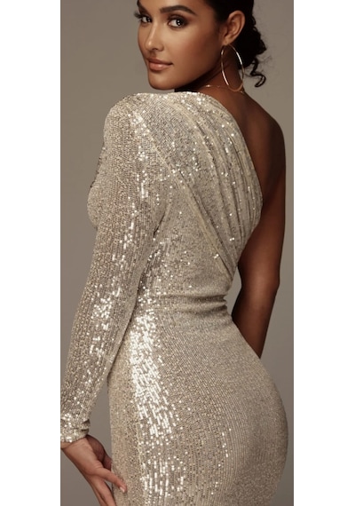 Hanife Glam Couture Hanife Glam Pulpayet Işlemeli Tek Kollu Midi Elbise Gümüş