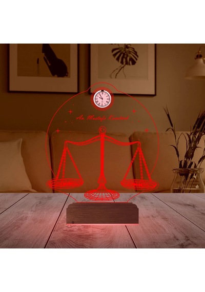 Luvivia Avukata Hediye Hukuk Terazi Adalet Tasarım Kişiye Özel Metal Saatli 3d Lamba - Masa Gece Lambası Şeffaf