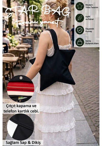 Tuttobene Star Bag Yıldız Çanta Çıtçıtlı İç Cepli Özel Tasarım Omuz Çantası Su Geçirmez Leke Tutmaz Tb052 Siyah