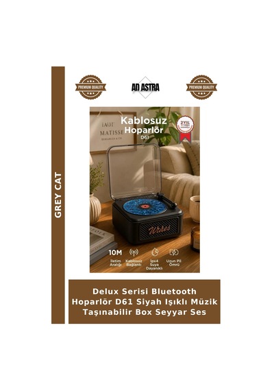 Delux Serisi Bluetooth Hoparlör D61 Siyah Işıklı Müzik Taşınabilir Box Seyyar Ses