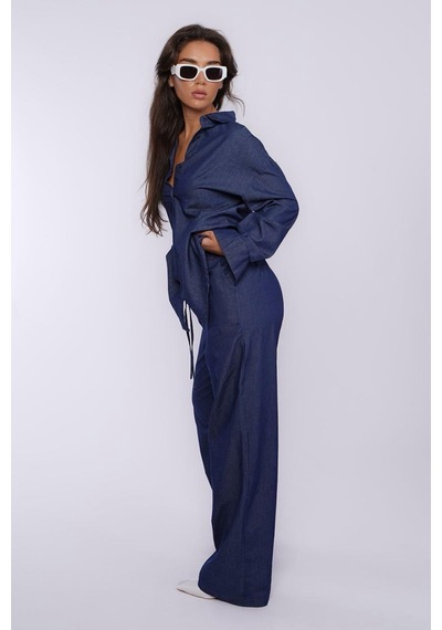 Madmext Mavi Basic Kadın Gömlek Pantolon İkili Takım Mg2383 Mavi