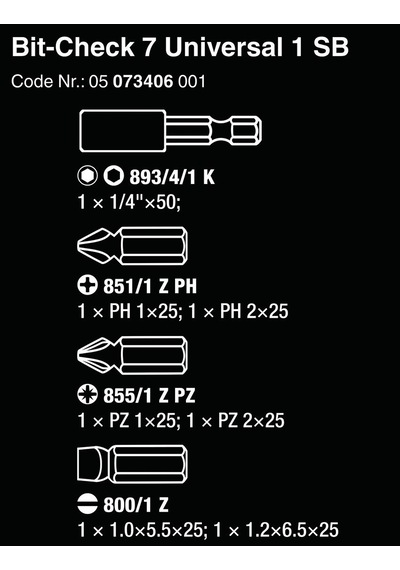 Wera Bits Seti Bit-Check 7 SB Universal 1 05073406001