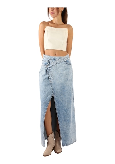Denim Yırtmaçlı Mavi Renk Uzun Etek Mavi