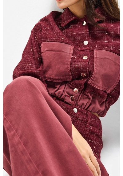 Kadın Bordo 6w6-35 Dokuma Denim Kumaş Karışımlı Önü Düğmeli Özel Tasarım Bomber Ceket
