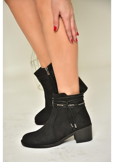 Fox Shoes T555703303 Siyah Hakiki Deri Kalın Topuklu Kadın Bot Siyah