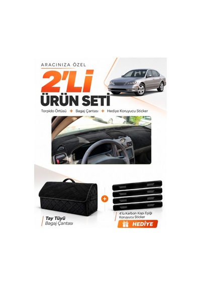 Infınıtı İ30-i35 1998-2000 Uyumlu Torpido Örtüsü + Tay Tüyü Bagaj Çantası + Sticker Seti - Siyah