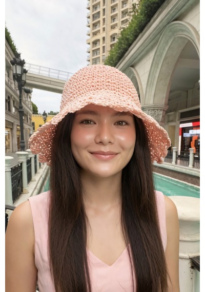 Mollycrush Kadın Pembe Hasır İp El Örmesi Bucket Şapka Plaj Trend Tasarım Pembe