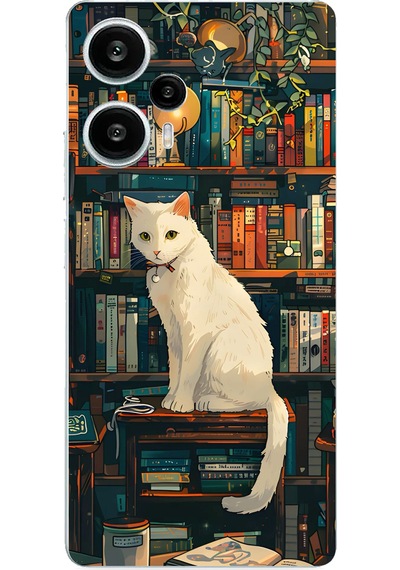 Poco F5 Uyumlu Kitaplık Beyaz Kedi Tasarımlı Baskılı Silikon Kılıf Renkli