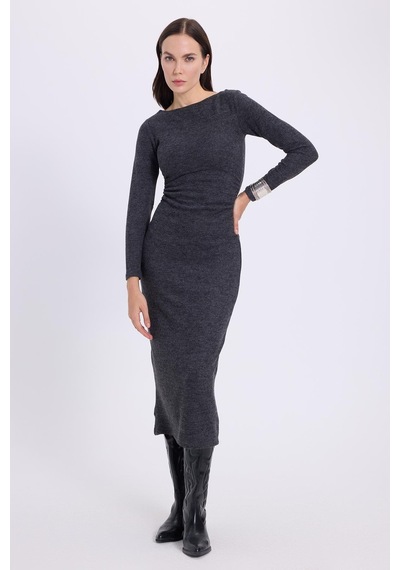 Tudors Kadın Slim Fit Dar Kesim Bisiklet Yaka Antrasit Elbise-41644 Antrasit