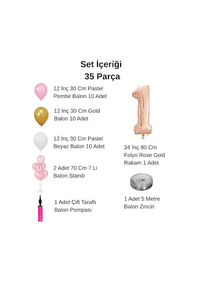 2 Yaş Balon Standlı Ve Pompalı Retro Gold Pembe Beyaz Balon Seti Rose Gold Rakamlı Süsleme Çok Renkli