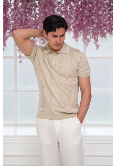 Advante Slimfit Kolları Lastikli Likralı Desenli Polo Yaka Triko T-shirt Krem